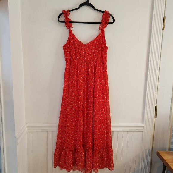 Madewell Ruffle-Strap Wrap Dress Red Midi Floral Print Summer Women's 6 - Picture 3 of 12